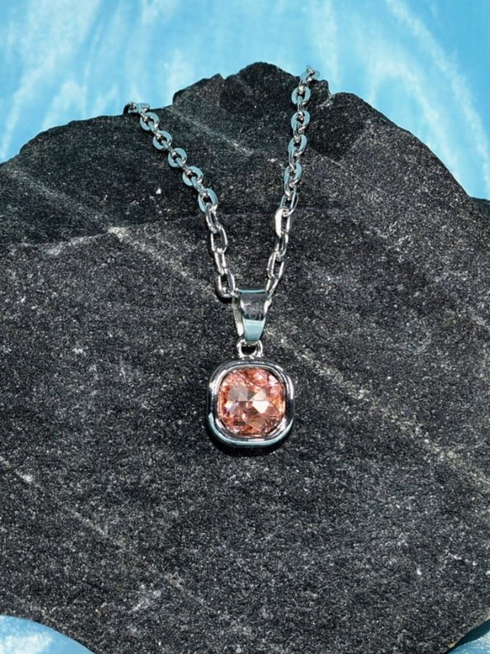 Jemma Tourmaline Pink Color Square Crystal Pendant Necklace Gift Packaged